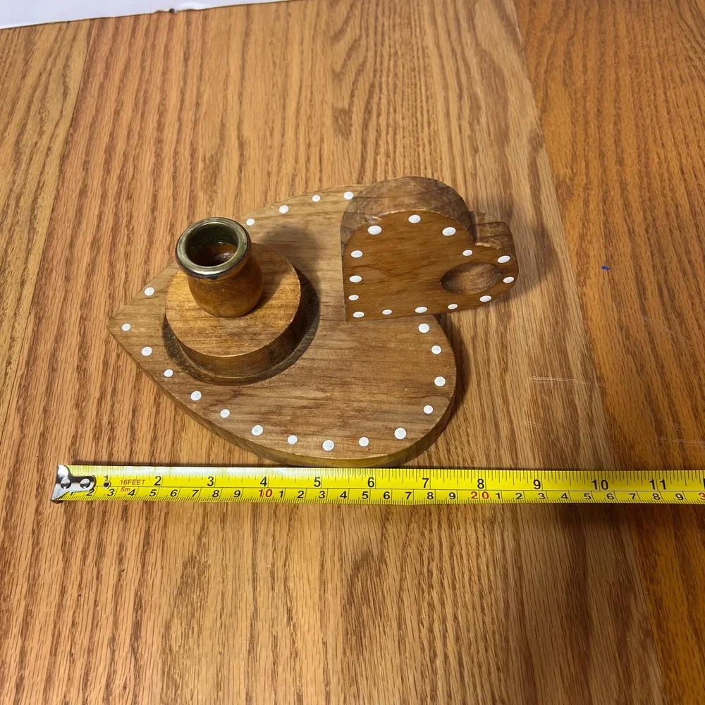 Vintage Wooden Heart Candle Holder Folk Art Polka Dot Wood Candlestick cottage